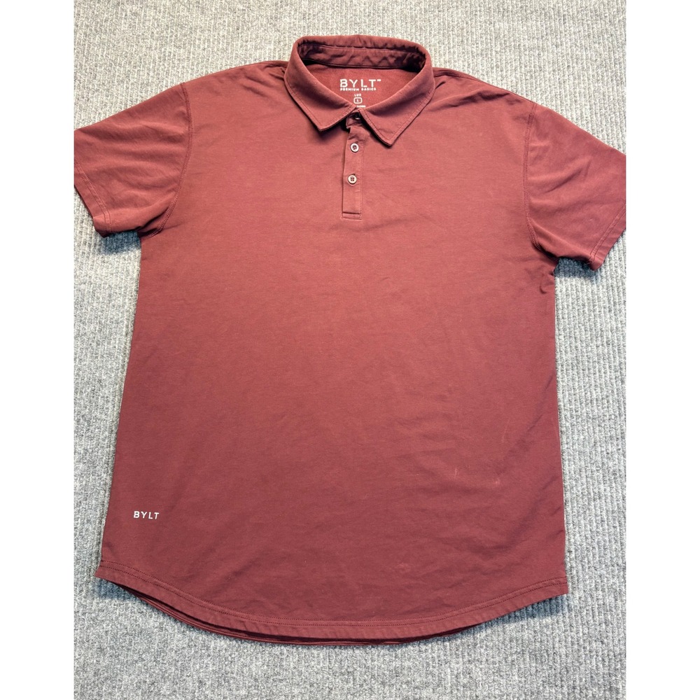 BYLT Premium Basics Lux Polo Shirt Burgundy Short Sleeve Curved Hem Mens Large